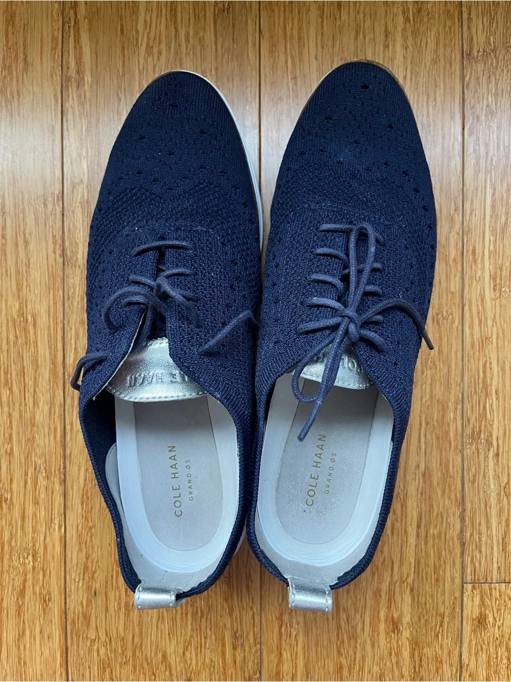 COLE HAAN WOMEN'S ZEROGRAND STITCHLITE OXFORD NAVY BLUE KNIT/WHITE W 10 B W11511